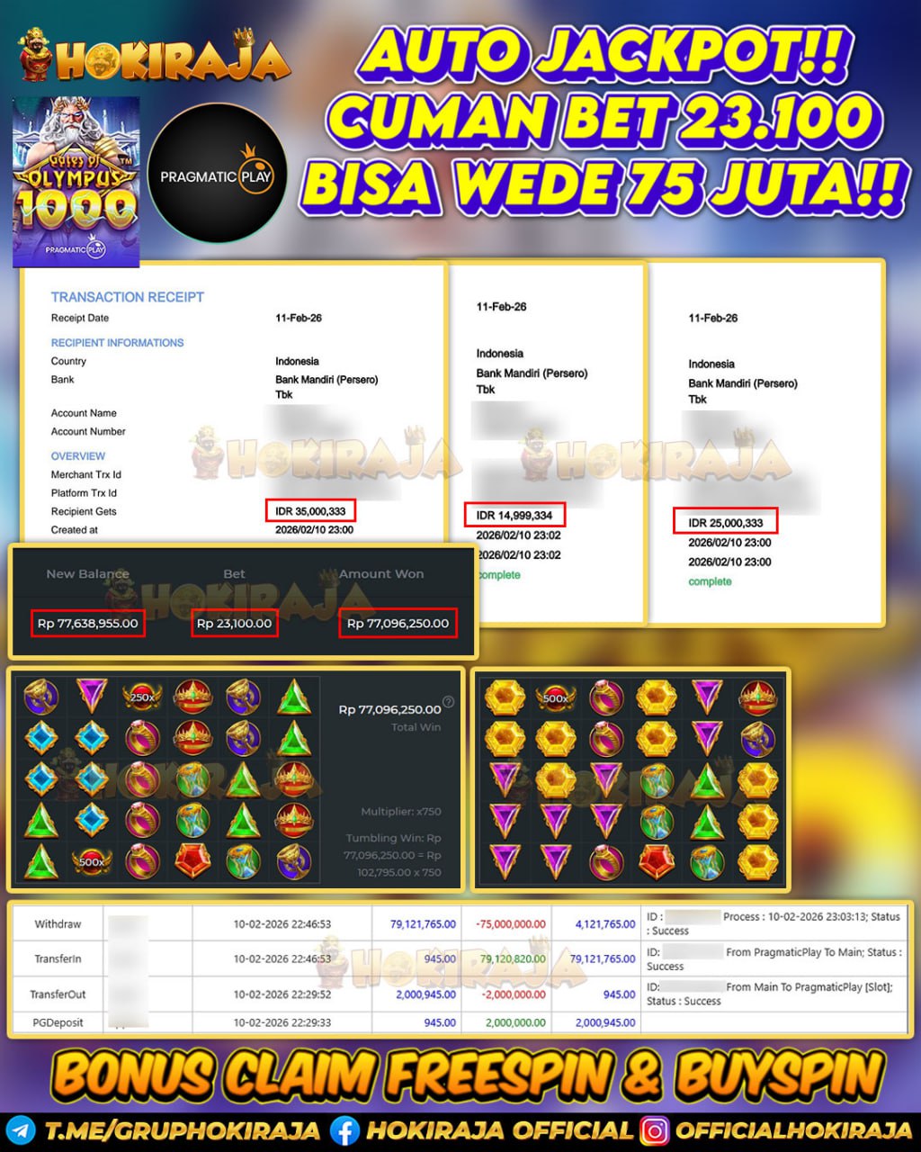 HOKIRAJA JACKPOT SLOT GATES OF OLYMPUS 1000 RP 75.000.000 ID : MUN***